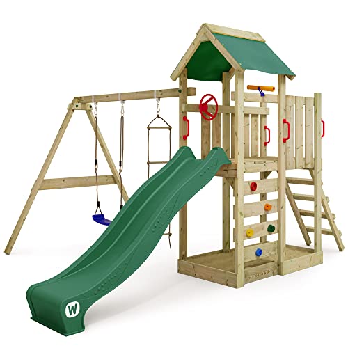 Wickey Gioco da giardino  MultiFlyer con altalena e scivolo verde, struttura da esterno per bambini con sabbiera, scaletta e accessori da gioco