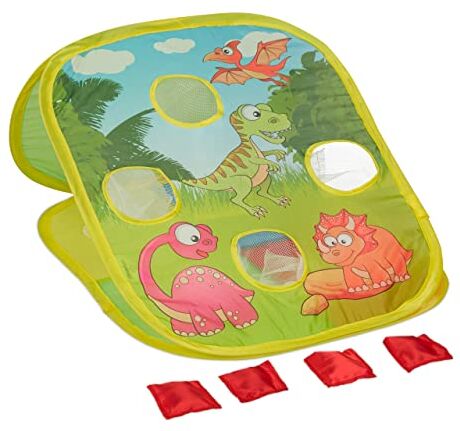 Relaxdays Gioco di Lancio del Sacco per Bambini, 4 Sacchettini, Indoor & Outdoor, Cornhole Game Tema Dinosauri, Colorato, Poliestere Ferro Sabbia, 30 x 50,5 x 58 cm