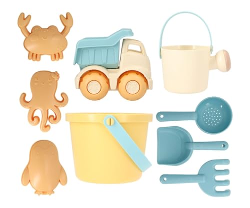 Monnëka Set di giocattoli da spiaggia Yellow   Kit di gioco di sabbia per bambini, 6 pezzi, compreso secchio, pala, rastello, colino, annaffiatoio e camion   Sicurezza e divertimento perfetto per