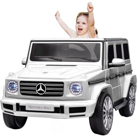 PortoAlegre Macchina Elettrica per Bambini, Mercedes-Benz G500 con licenza Macchina per Bambini 12V, Auto Elettrica per Bambini con telecomando, 3 velocità, Clacson, LED, Musica, USB, MP3, Bluetooth, Bianco