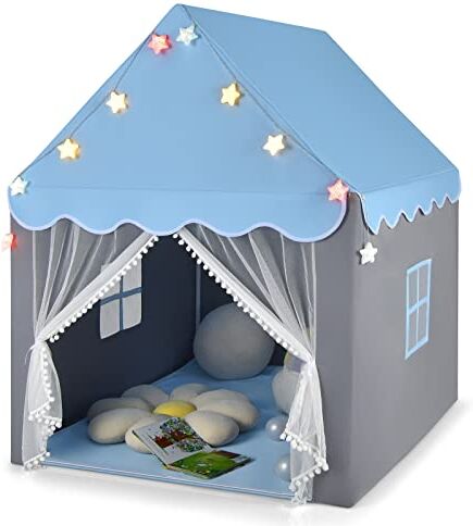 COSTWAY Tenda da Gioco per Bambini, Tenda Castello con Tappetino Lavabile, Luci a Forma di Stella, per Interno ed Esterno, 105 x 121 x 136 cm (Azzurro)