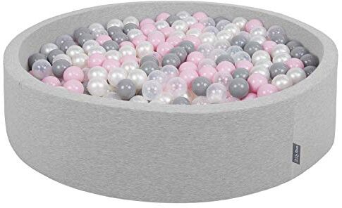 KiddyMoon Piscina di Palline 120X30cm/200 Palline Colorate Grande Tondo per Bambini, Fabbricato in EU, Grigioch:Perla/Grigio/Trasparente/Rosa Chiaro