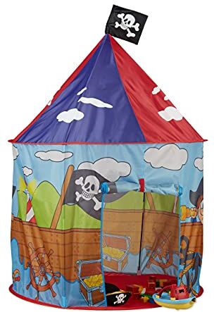 Relaxdays Tenda Gioco per Bambini con Pirati Casetta Bimbi da 3 Anni con Bandiera Pirata H x D 130 x 100 cm, Rosso Blu