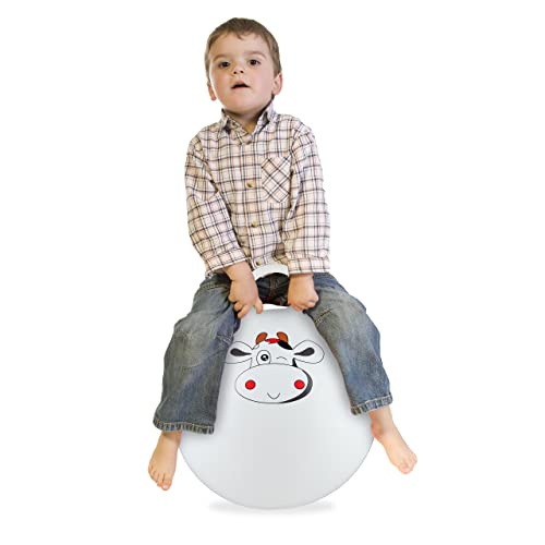 Relaxdays Pallone Rimbalzante, Palla per Saltare, Skippy Ball, Motivo Mucca, Ø 45 cm, Indoor&Outdoor, Maniglia, Bianco, PVC