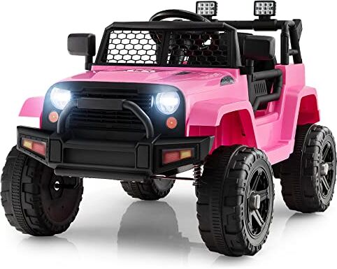 COSTWAY 12V Jeep per Bambini con Telecomando, Macchina Elettrica con Fari Luminosi, Musica, Porta USB e Aux, Velocità 2,5-4,5 km/h, Regalo per Bambini 3-7 Anni (Rosa)