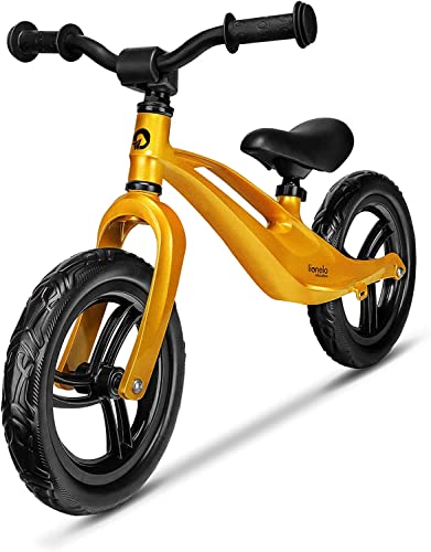 lionelo Bart, Bicicletta Pedali da 18 Mesi Fino a 30 kg, Telaio in magnesio, Senza Manutenzione, Ruote Eva da 12 Pollici, Volante e Sella Regolabili in Altezza, poggiapiedi (Oro) Unisex-Baby, s