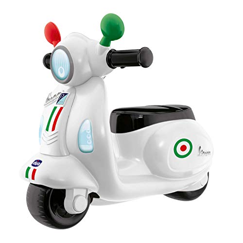 Chicco Vespa per Bambini Primavera Bianca, Moto Giocattolo Cavalcabile con Pannello Elettronico, Luci e Suoni, Ruote di Supporto Rimuovibili, Max 25 Kg, Giochi per Bambini 1-3 Anni