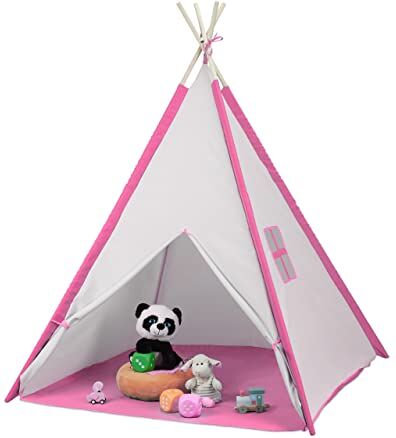 Relaxdays Tenda per Bambini, Capanna Indiana da Gioco, con Pavimento, Interni, Esterni, HLP 154x124x124 cm, Bianco Rosa