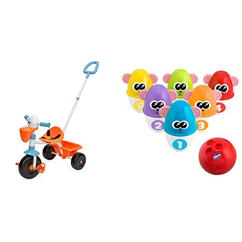 Chicco Triciclo Bambini Pellicano, Triciclo Bimba e Bimbo con Maniglione ad Altezza Regolabile & Monkey Strike Birilli Bowling Bambini Set da Bowling con 6 Birilli Separabili