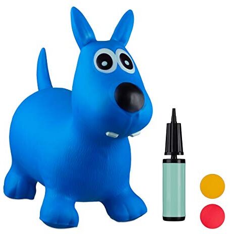 Relaxdays Animale Cavalcabile Cagnolino, Giochi Gonfiabili per Bambini, BPA-free, Fino a 50 kg, Pompa Inclusa, Blu