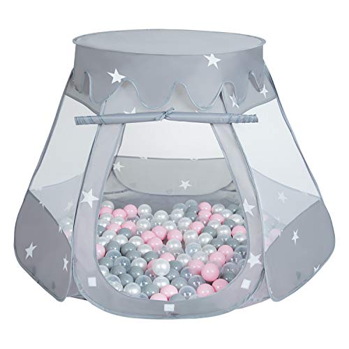 SELONIS Tenda 105X90cm/100 Palline Castello Con Palline Colorate Per Bambini, Grigio:Perla/Grigio/Trasparente/Rosa Chiaro