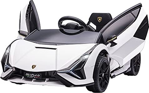 HOMCOM Macchina Elettrica per Bambini Lamborghini, Auto Elettrica 12V con Fari e Musica, Telecomando e Velocità 3-5km/h, Età 3-5 Anni, 108x62x40cm, Bianco