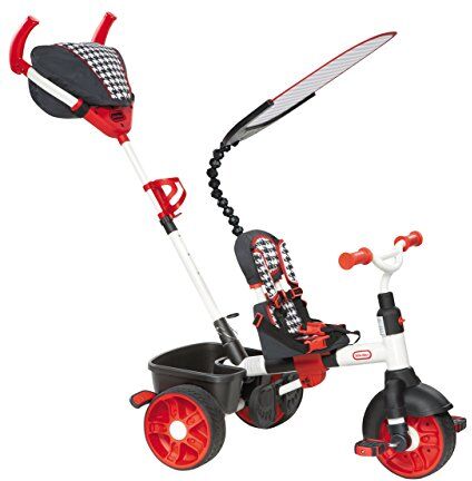 little tikes Triciclo 4 in 1 Edizione Sport. Quattro Fasi di Sviluppo. Con Manico, Manubrio e Sedile Regolabili con Cintura, Tettino di Protezione. Da Montare. Adatto dai 9 Mesi. Rosso e Bianco