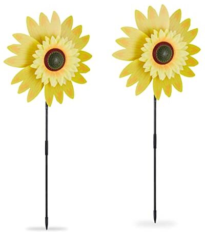 Relaxdays Set da 2 Girandole a Vento, Forma di Girasole, da Giardino e Balcone, Gioco per Bambini, 76x29x8 cm, Giallo