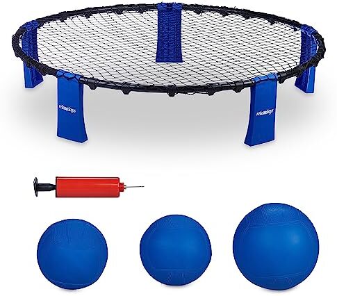 Relaxdays Set da Roundnet, con Rete, 3 Palline, Pompa e Borsa per Trasporto, Gioco Spiaggia, Parco, Giardino, Nero Blu, 90% plastica 10% Nylon