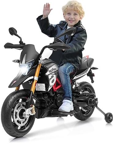 COSTWAY Aprilia 12 V Moto Motocicletta Elettrica per Bambini, con Ruote Ausiliarie Antiscivolo Luci LED e Musica MP3, Moto Elettrica alla Moda per Bambini 3-8 Anni(Nero)