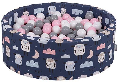 KiddyMoon Piscina di Palline 90X30cm/300 Palline ∅ 7Cm per Bambini Tondo Fabbricato in EU, Pecore-Blu Sc:Bianco/Grigio/Rosa Chiaro