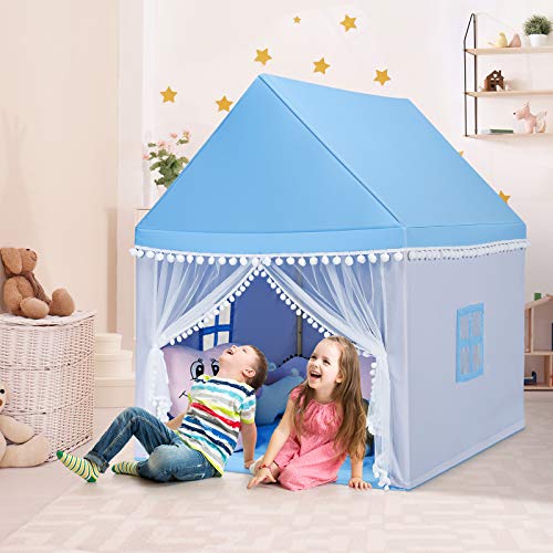 COSTWAY Tenda da Gioco Casetta per Bambini, Castello Giocattolo in Legno Cotone, con Struttura Stabile e Finestre Traspirabili, 105x120x140 cm (Azzurro)