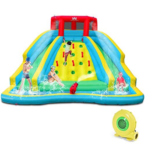 COSTWAY Castello Gonfiabile per Bambini, Parco Acquatico Gonfiabile con 2 Scivoli, Piscina, Parete di Arrampicata, Cannone, Borsa di Trasporto e Kit di Riparazione, 452x365x233 cm (Con Soffiatore)