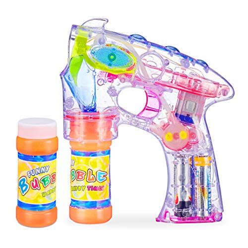 Relaxdays - Pistola Sparabolle a LED, a Batteria, 2X Liquido per Bolle, per Bambini e Adulti, Trasparente, Colore,