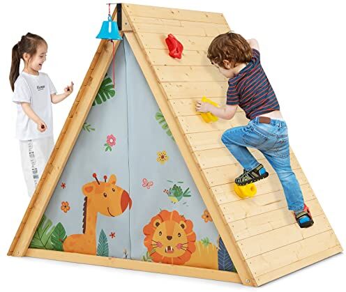 COSTWAY Casetta da Gioco per Bambini a Triangolo, Set di Gioco in Legno per Nascondiglio 2 in 1 con Pareti per Arrampicarsi e Tenda della Porta Rimovibile, Adatto per Bambini con Età di 3-8 Anni