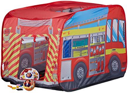 Relaxdays Tenda Gioco per Bambini Pompieri Pop up con Auto per Interni e Esterni 70x110x70 cm, da 3 Anni Rosso