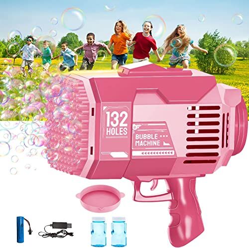 laypuny Pistola Bolle Di Sapone, 132 Fori Spara Bolle Di Sapone Automatico 20000+Bolle/Minuto, Macchina Bolle Sapone Bambini, Regalo Per La Festa Compleanno matrimonio Giocattoli A Sparabolle Rosa