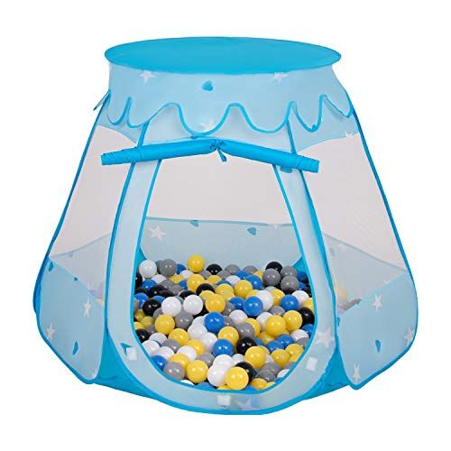 SELONIS Tenda 105X90cm/100 Palline Castello Con Palline Colorate Per Bambini, Blu:Nero/Bianco/Grigio/Blu/Giallo