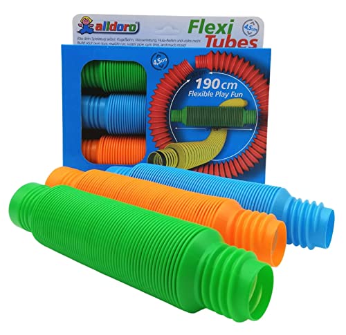 alldoro -Set di 3 Ø 4,5 cm Set 3 in 1 con 3 Tubi Flessibili in plastica Come Pista per Palline, Tubo dell'Acqua e Pneumatici, Lunghezza Regolabile 21 – 67 cm, Multicolore,