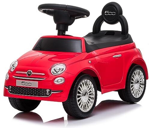 Sun Macchinina bambino a partire dai 12 mesi di età, cavalcabile bambino, Fiat 500, auto per bambini, aiuto per imparare a camminare con suoni, Volante con clacson e suoni del motore (Rosso)