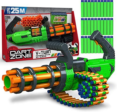 Zone V-Twin Blaster Mitra giocattolo a Nastro Motorizzato da 8 Anni in su – Mitragliatrice con 30 Proiettili Waffle Tip – Spara 3 Dardi al Secondo Fino a 25m – Compatibile con Proiettili Nerf