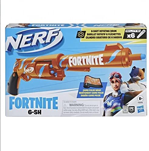 Hasbro Blaster Nerf Fortnite 6-Sh Colorazione Camo Pulse, Caricamento con percussore, Caricatore a Tamburo da 6 dardi, Include 6 dardi Nerf Elite