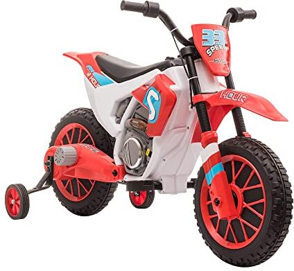 HOMCOM Moto da Cross Elettrica per Bambini da 3-5 Anni, Batteria 12V Ricaricabile e Rotelline Rimovibili, 106.5x51.5x68cm, Rosso