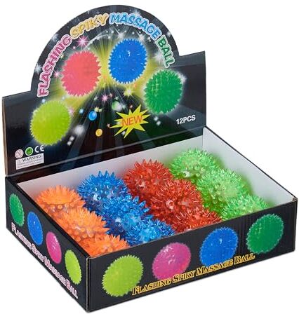 Relaxdays Palline Rimbalzanti Multicolore per Bambini, Set 12 Palle Luminose LED, Spike Bouncy Ball Ø 6,5 cm, Colorate