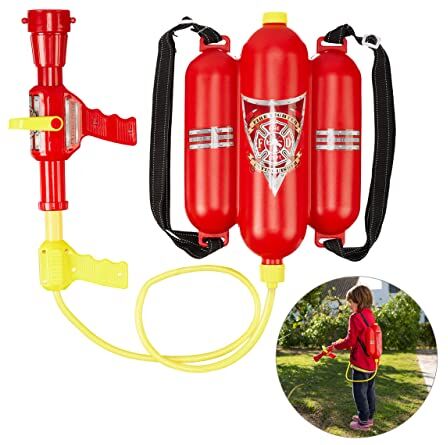 Relaxdays Fucile ad Acqua da Pompieri, Serbatoio da 2,5 L, Gittata di 5 m, Zaino Antincendio per Bambini, Rosso-Giallo