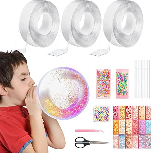 mumisuto Nano Tape Bubble Kit, Kit di 32 Pezzi Fai da Te Nano Tape Bubble Craft per Bambini, 3 Rotoli di Nastro Nano da 3m Paillettes, Kit di Bolle di Giocattoli per Bambino e Adulto