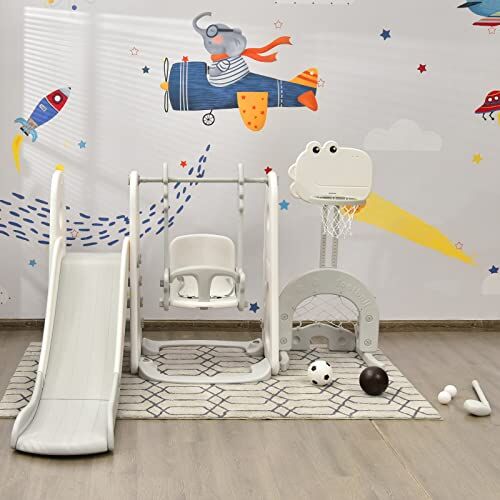 COSTWAY 6 in 1 Parco Giochi per Bambini, con Altalena Scivolo Canestro da Basket Golf, Parco Giochi per Bambini da Esterno ed Interno, 172x182x108-120cm, 18 Mesi+ (Bianco)