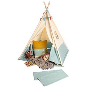 PINOLINO Tenda Tipi Yuma in tessuto e legno con finestra, tappetino e sacchetto portaoggetti per bambini dai 3 J in su, tessuto con toni pastello e bandierine, beige verde PINOLINO Tenda Tipi Yuma in tessuto e legno con finestra, tappetino e sacchetto portaoggetti per bambini dai 3 J in su, tessuto con toni pastello e bandierine, beige verde