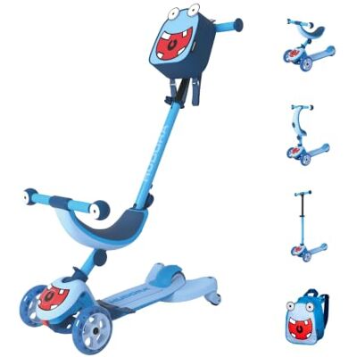 Hudora Monopattino per bambini 4-in-1 look mostro – triciclo cavalcabile e monopatino – ruote a LED e zaino – altezza regolabile – da 12 mesi – modalità seduta e guida – per bambini/bambine – ciano Hudora Monopattino per bambini 4-in-1 look mostro – triciclo cavalcabile e monopatino – ruote a LED e zaino – altezza regolabile – da 12 mesi – modalità seduta e guida – per bambini/bambine – ciano