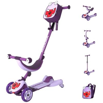 Hudora Monopattino per bambini 4-in-1 look mostro – triciclo cavalcabile e monopattino – ruote a LED e zaino – altezza regolabile – da 12 mesi – modalità seduta e guida – per bambini/bambine – lavanda Hudora Monopattino per bambini 4-in-1 look mostro – triciclo cavalcabile e monopattino – ruote a LED e zaino – altezza regolabile – da 12 mesi – modalità seduta e guida – per bambini/bambine – lavanda