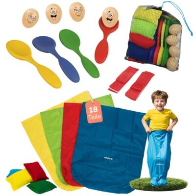 alldoro Set di Giochi per Feste per Bambini, 4 Giochi all'aperto, salti a Sacco, Corsa alle Uova, lanciare Sacchi e trigambe, 18 Pezzi, a Partire dai 3 Anni alldoro Set di Giochi per Feste per Bambini, 4 Giochi all'aperto, salti a Sacco, Corsa alle Uova, lanciare Sacchi e trigambe, 18 Pezzi, a Partire dai 3 Anni