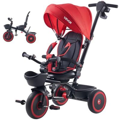 VEVOR Triciclo Convertibile per Bambini Pieghevole, Triciclo per Bambini da 1 a 5 Anni con Maniglia Regolabile a 4 Posizioni, Sedia Girevole, Tettuccio Rimovibile, Cestino Portaoggetti, Rosso VEVOR Triciclo Convertibile per Bambini Pieghevole, Triciclo per Bambini da 1 a 5 Anni con Maniglia Regolabile a 4 Posizioni, Sedia Girevole, Tettuccio Rimovibile, Cestino Portaoggetti, Rosso
