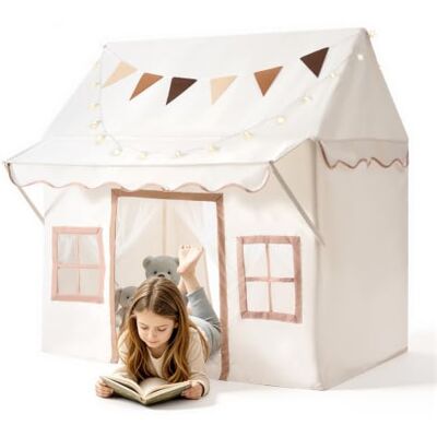 VEVOR Tenda da Gioco per Bambini con Tettoia 2 in 1 con Tappetino Imbottito di Colore Beige, a Forma di Casetta, con Luci a Stelle, Borsa per il Trasporto, Bandiera, 2 Porte e 2 Finestre Traspiranti VEVOR Tenda da Gioco per Bambini con Tettoia 2 in 1 con Tappetino Imbottito di Colore Beige, a Forma di Casetta, con Luci a Stelle, Borsa per il Trasporto, Bandiera, 2 Porte e 2 Finestre Traspiranti
