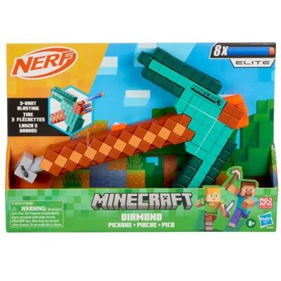 Nerf Minecraft, blaster piccone di diamante, maniglia per la carica a retroazione, testa in gommapiuma, 8 dardi Elite, dagli 8 anni in su Nerf Minecraft, blaster piccone di diamante, maniglia per la carica a retroazione, testa in gommapiuma, 8 dardi Elite, dagli 8 anni in su