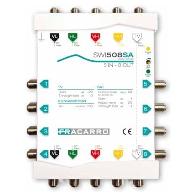 FRACARRO Multiswitch a cascata 5 ingressi, 8 uscite derivate, TV passiva e satellite attivo con guadagno regolabile (0-20dB), banda satellitare fino a 2300 MHz, alto isolamento (SWI508SA) FRACARRO Multiswitch a cascata 5 ingressi, 8 uscite derivate, TV passiva e satellite attivo con guadagno regolabile (0-20dB), banda satellitare fino a 2300 MHz, alto isolamento (SWI508SA)