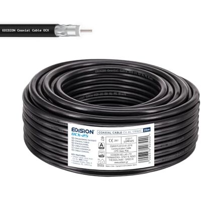 Edision OCX-25 Cavo Coassiale 25m Antenna TV SAT Esterno/Interna PE Nero, Rame CU/AL, 17PAtC, CPR Fca, Classe A per DVB-S2/T/T2/C, RADIO, Bobina Edision OCX-25 Cavo Coassiale 25m Antenna TV SAT Esterno/Interna PE Nero, Rame CU/AL, 17PAtC, CPR Fca, Classe A per DVB-S2/T/T2/C, RADIO, Bobina