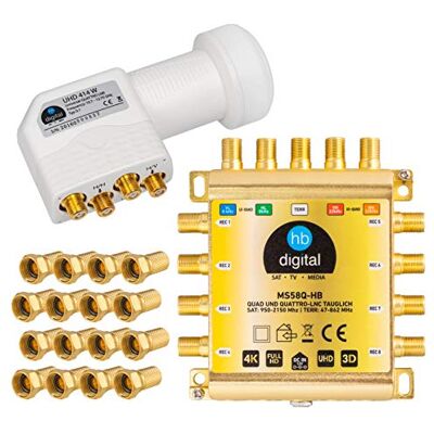 HB-Digital DVB-S/S2 Multiswitch 5/8 + Quattro LNB UHD 414 W bianco + 24 connettori F dorati Multiswitch per 1 SAT, 8 partecipanti Quad incl. alimentatore di rete MS58Q-HB FullHD 4K UHD HB-Digital DVB-S/S2 Multiswitch 5/8 + Quattro LNB UHD 414 W bianco + 24 connettori F dorati Multiswitch per 1 SAT, 8 partecipanti Quad incl. alimentatore di rete MS58Q-HB FullHD 4K UHD