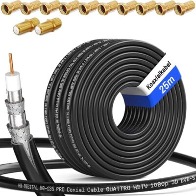 HB-Digital Cavo coassiale SAT HQ135 Pro, 25 m, con 2 connettori F e 10 spine placcati in oro, antenna satellitare a schermatura quadrupla per DVB-S/S2, DVB-C/C2, DVB-T/T2, impianti radio BK DAB HB-Digital Cavo coassiale SAT HQ135 Pro, 25 m, con 2 connettori F e 10 spine placcati in oro, antenna satellitare a schermatura quadrupla per DVB-S/S2, DVB-C/C2, DVB-T/T2, impianti radio BK DAB