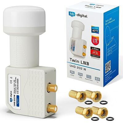 HB-Digital Twin LNB Test MOLTO BUONO* per 2 utenti, filtro LTE, 2 uscite, Full HD 4K, 0,1 dB, con protezione dalle intemperie + 4 connettori F per TV, parabola satellitare Bianco HB-Digital Twin LNB Test MOLTO BUONO* per 2 utenti, filtro LTE, 2 uscite, Full HD 4K, 0,1 dB, con protezione dalle intemperie + 4 connettori F per TV, parabola satellitare Bianco