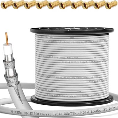 HB-Digital 250m Cavo Coassiale HQ-135 d'Antenna 135dB SAT 8K 4K UHD 4 Volte Schermato per Sistemi DVB-S/S2 C/C2 T/T2 DAB+ Radio BK + 10 F-Plug GRATUITAMENTE HB-Digital 250m Cavo Coassiale HQ-135 d'Antenna 135dB SAT 8K 4K UHD 4 Volte Schermato per Sistemi DVB-S/S2 C/C2 T/T2 DAB+ Radio BK + 10 F-Plug GRATUITAMENTE